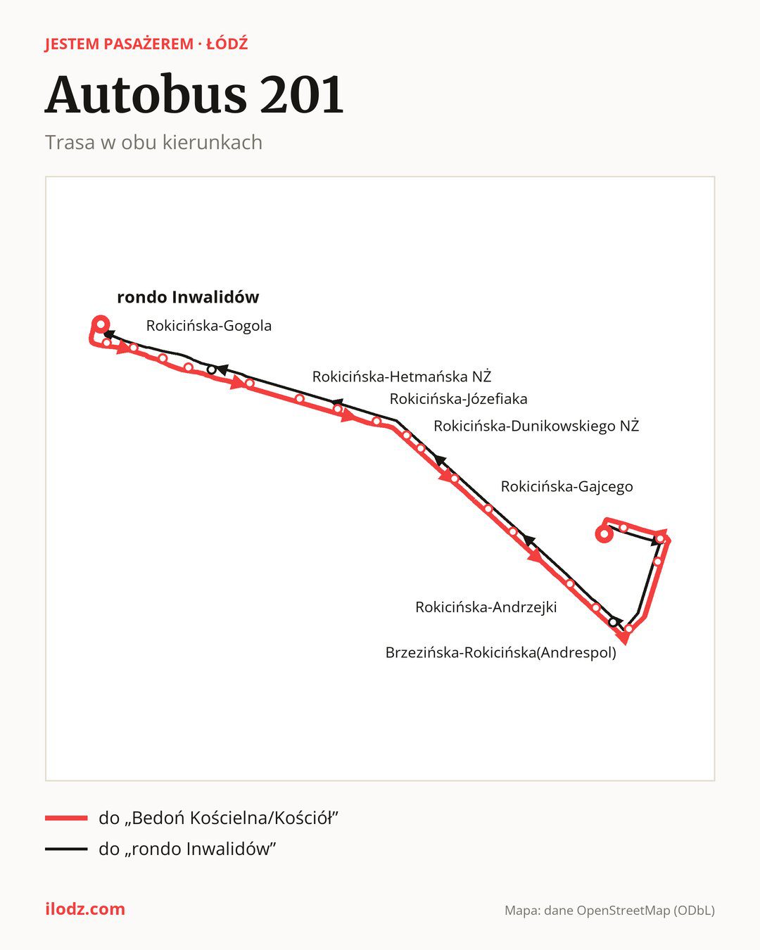 Autobus 201 w Łodzi na mapie: trasa w obu kierunkach