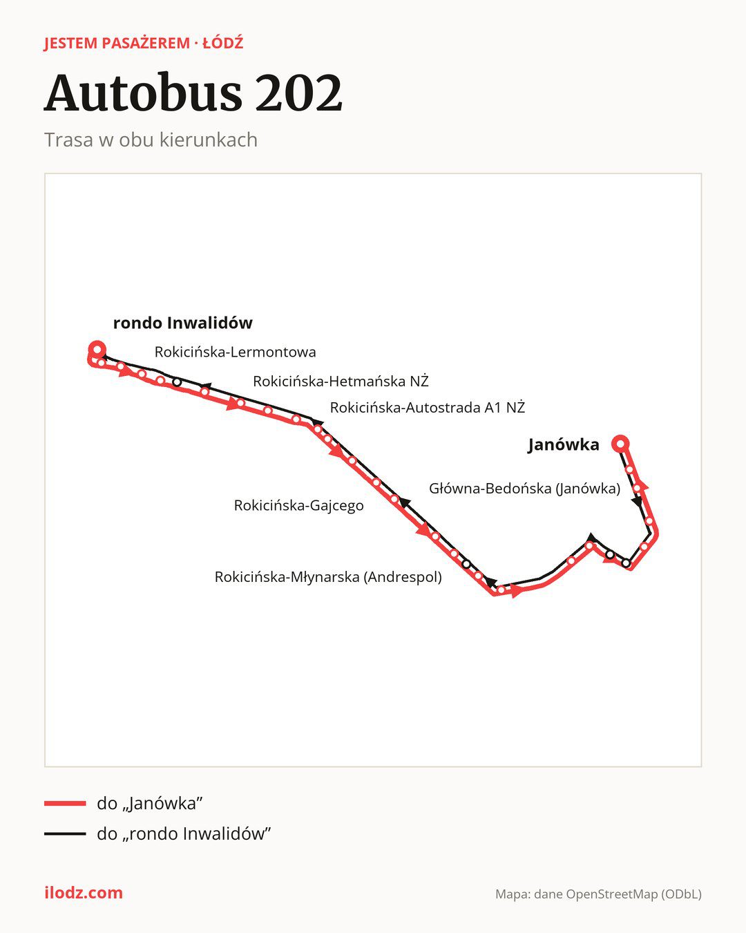 Autobus 202 w Łodzi na mapie: trasa w obu kierunkach
