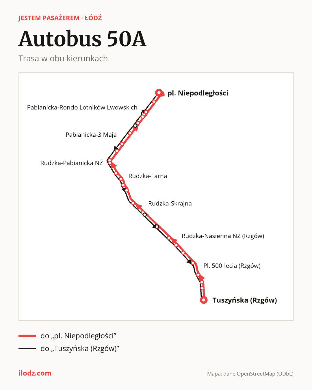 Autobus 50A w Łodzi na mapie: trasa w obu kierunkach