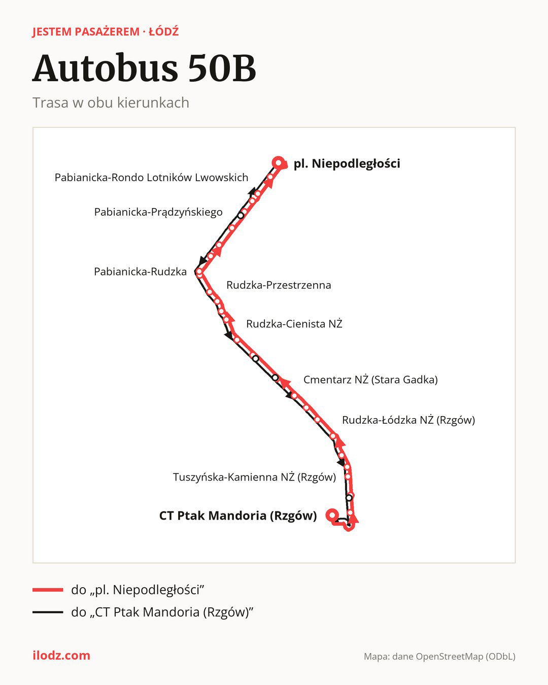 Autobus 50B w Łodzi na mapie: trasa w obu kierunkach