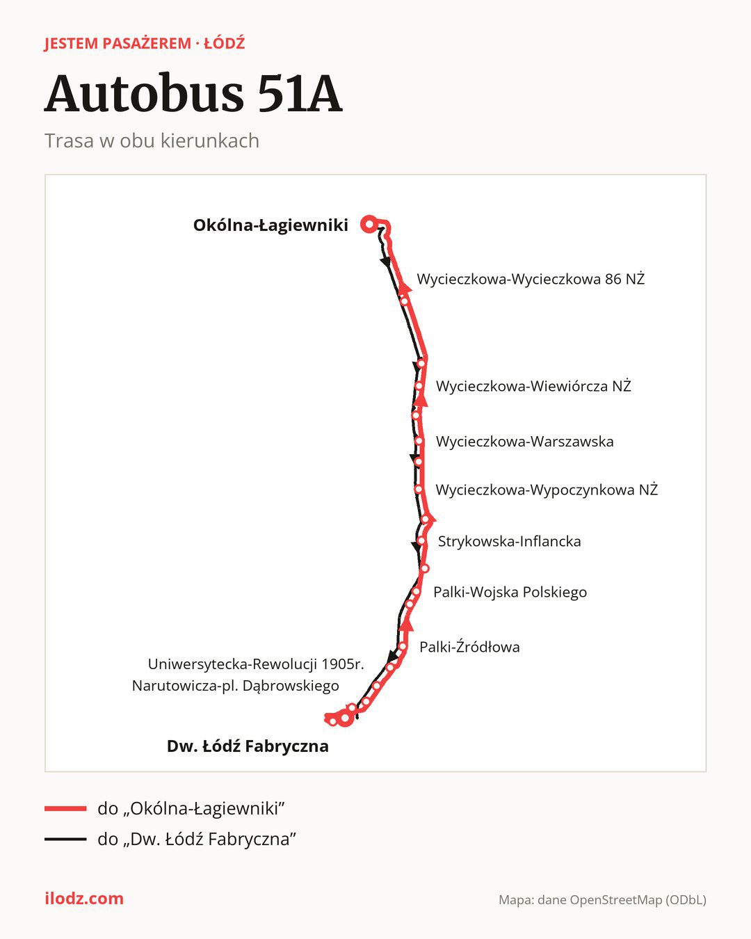 Autobus 51A w Łodzi na mapie: trasa w obu kierunkach