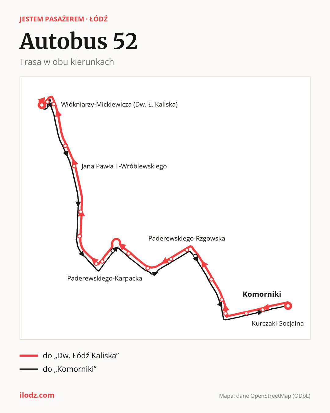 Autobus 52 w Łodzi na mapie: trasa w obu kierunkach