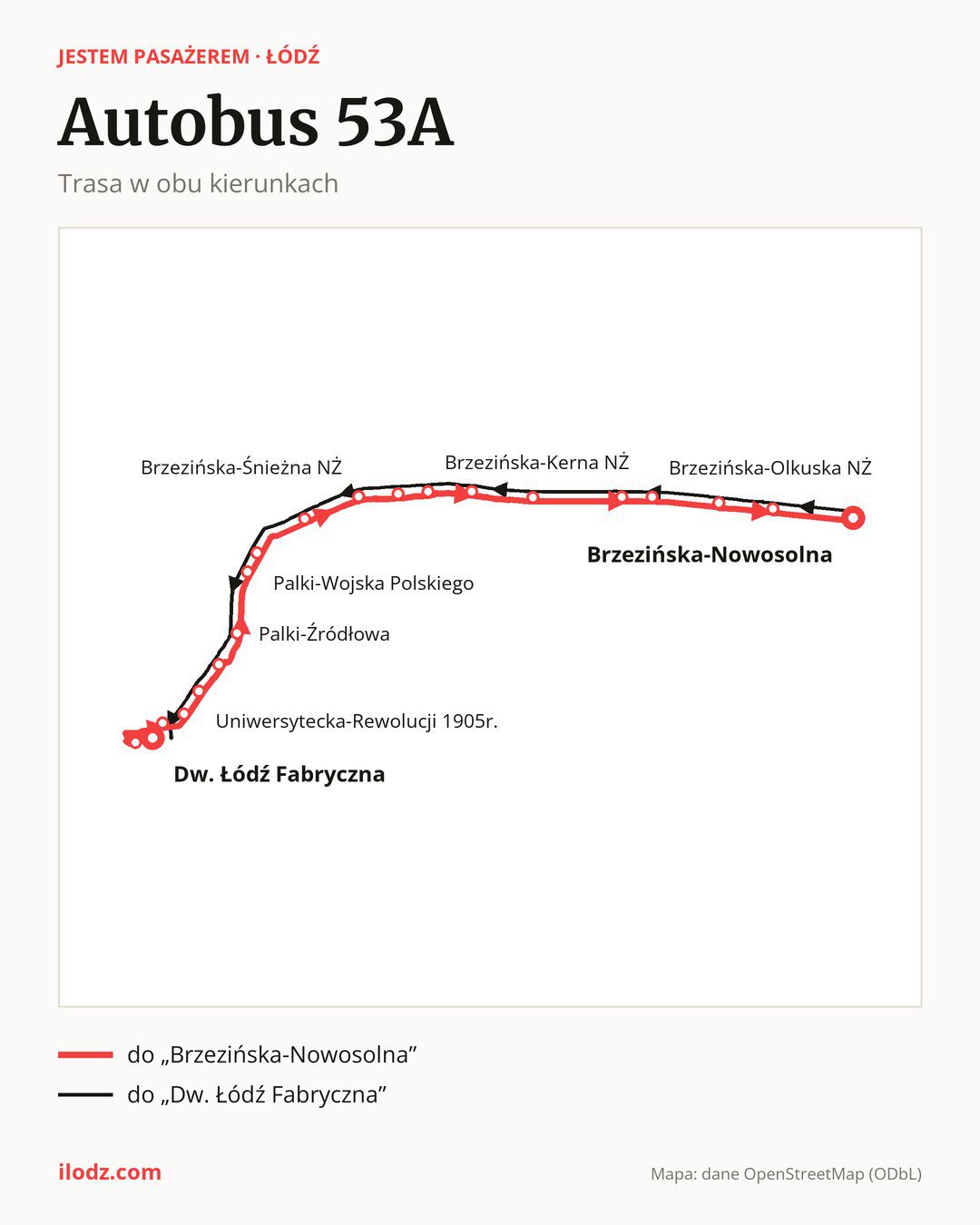 Autobus 53A w Łodzi na mapie: trasa w obu kierunkach