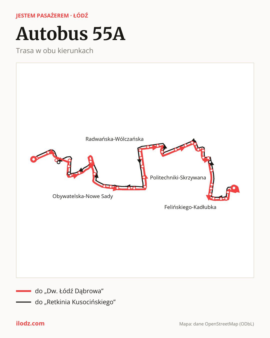 Autobus 55A w Łodzi na mapie: trasa w obu kierunkach