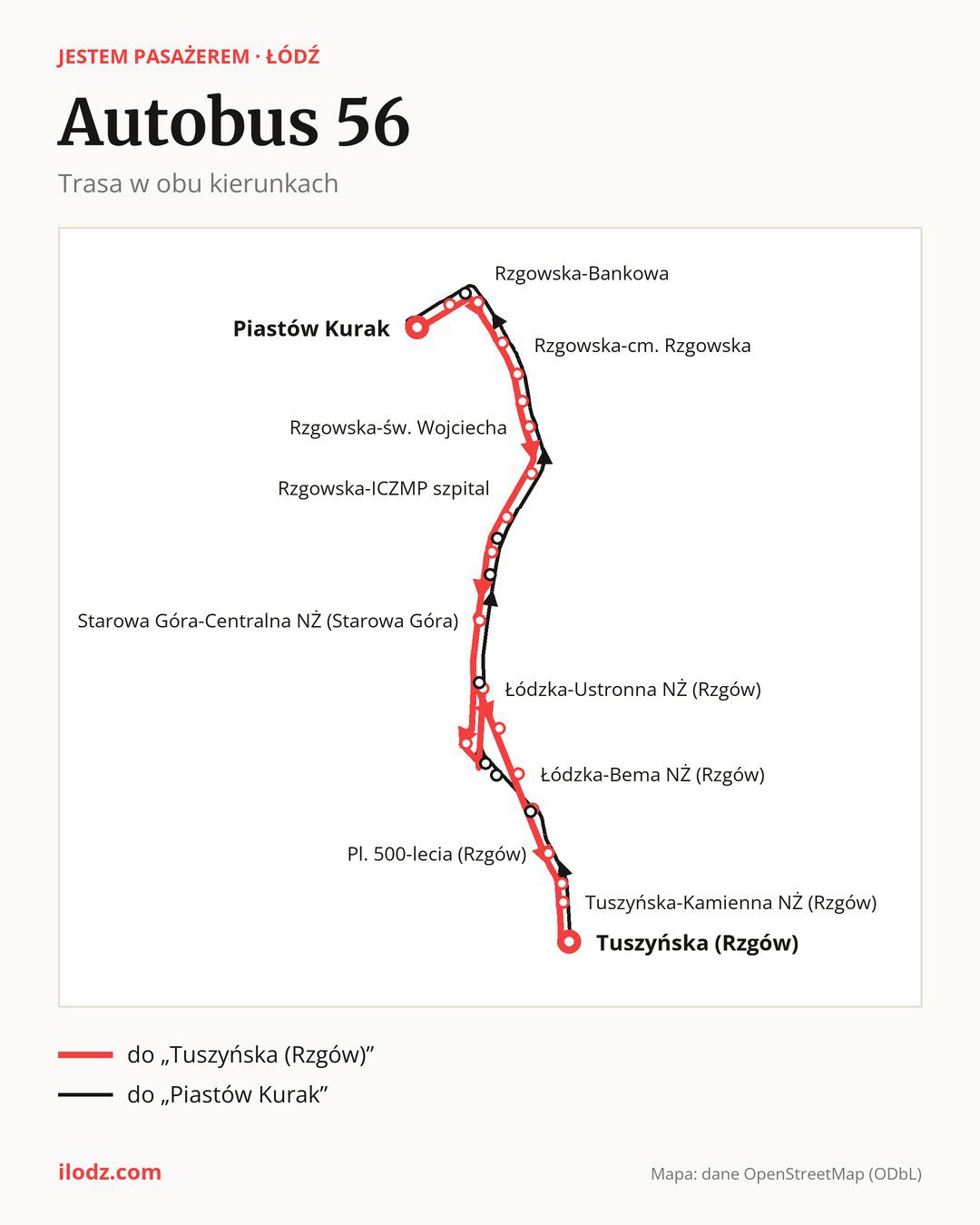 Autobus 56 w Łodzi na mapie: trasa w obu kierunkach