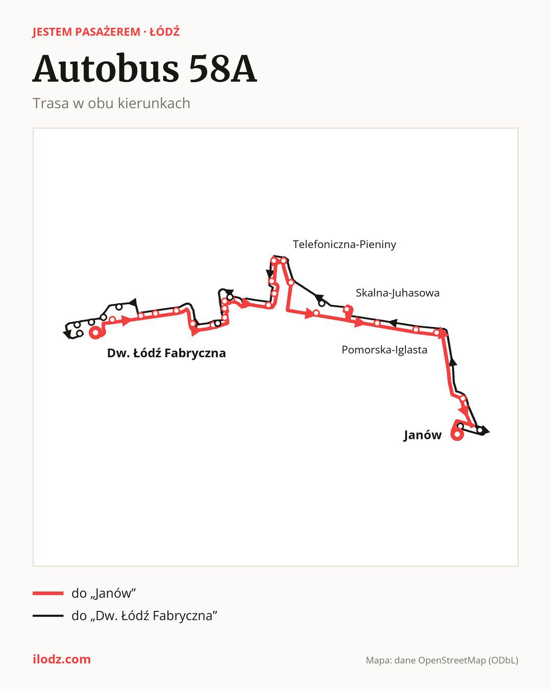 Autobus 58A w Łodzi na mapie: trasa w obu kierunkach