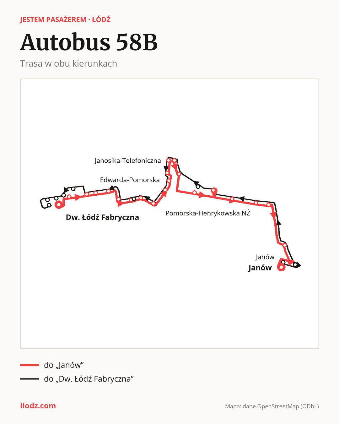 Autobus 58B w Łodzi na mapie: trasa w obu kierunkach