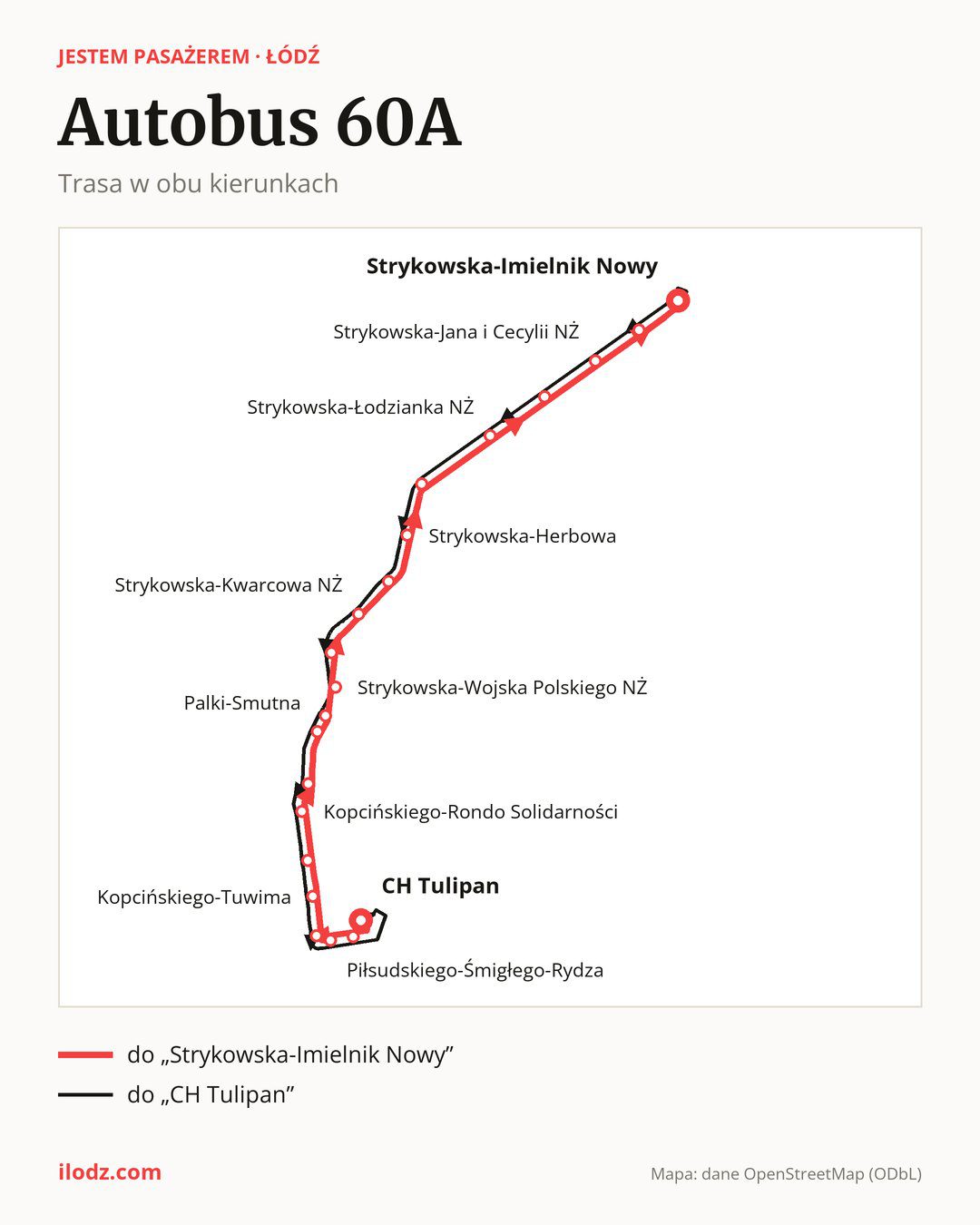 Autobus 60A w Łodzi na mapie: trasa w obu kierunkach