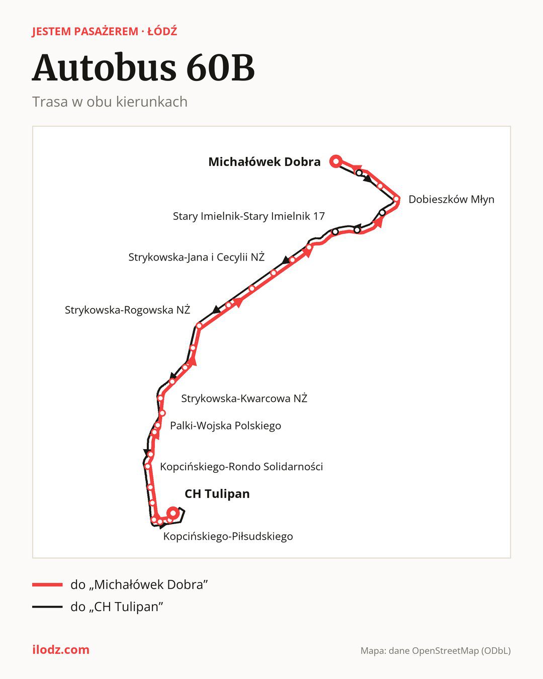 Autobus 60B w Łodzi na mapie: trasa w obu kierunkach