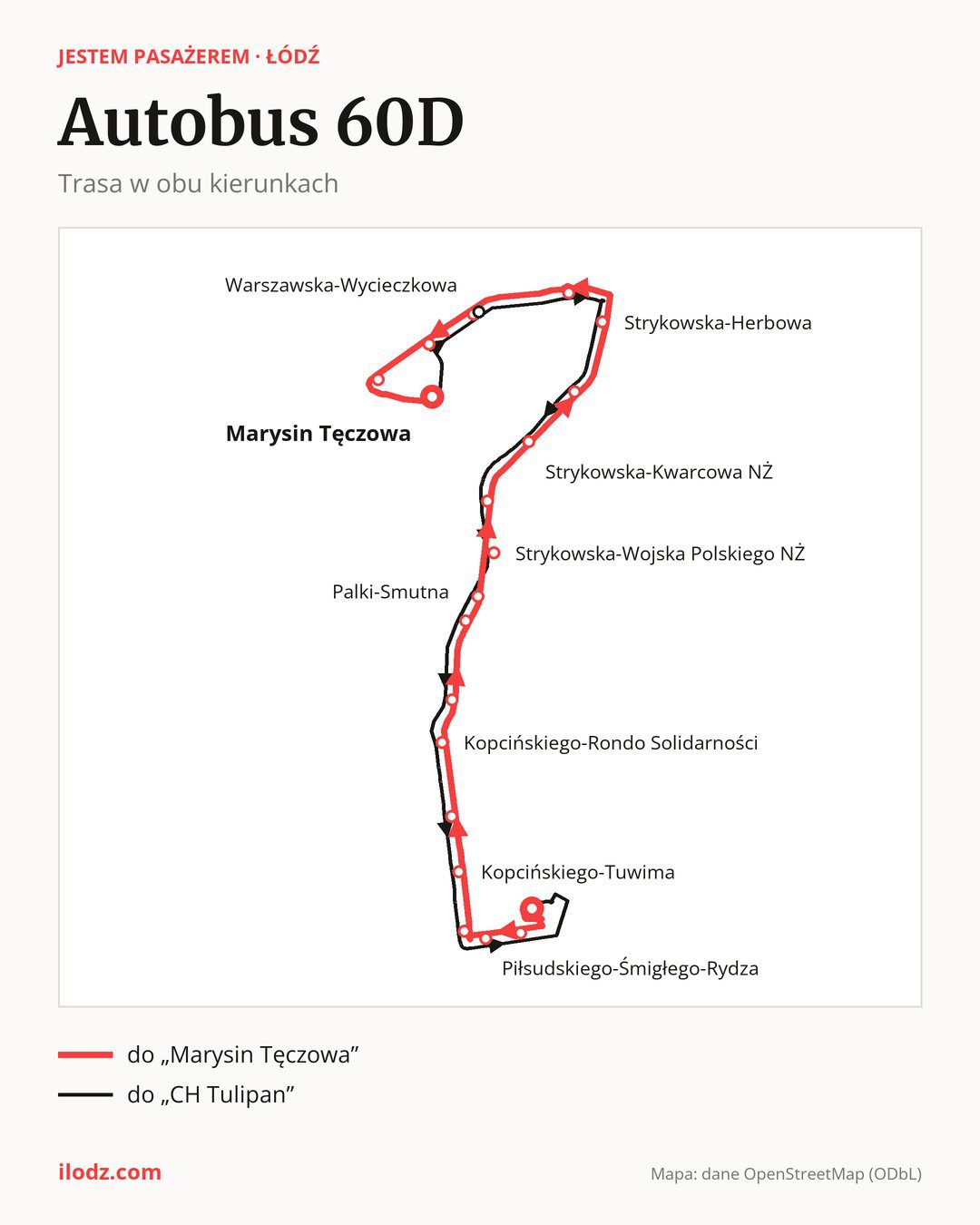 Autobus 60D w Łodzi na mapie: trasa w obu kierunkach