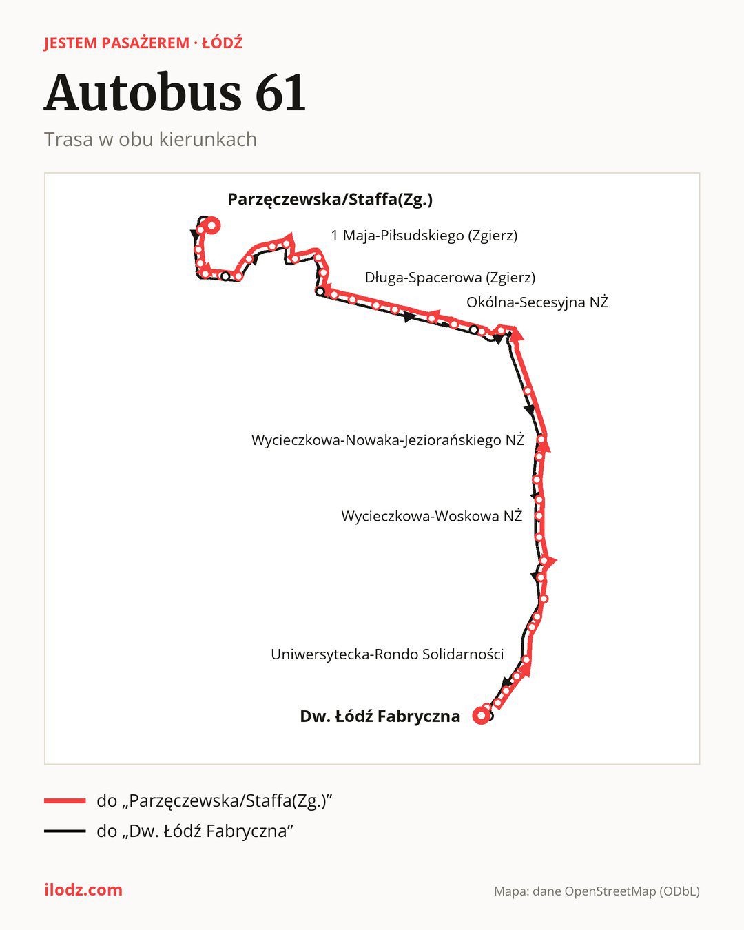 Autobus 61 w Łodzi na mapie: trasa w obu kierunkach