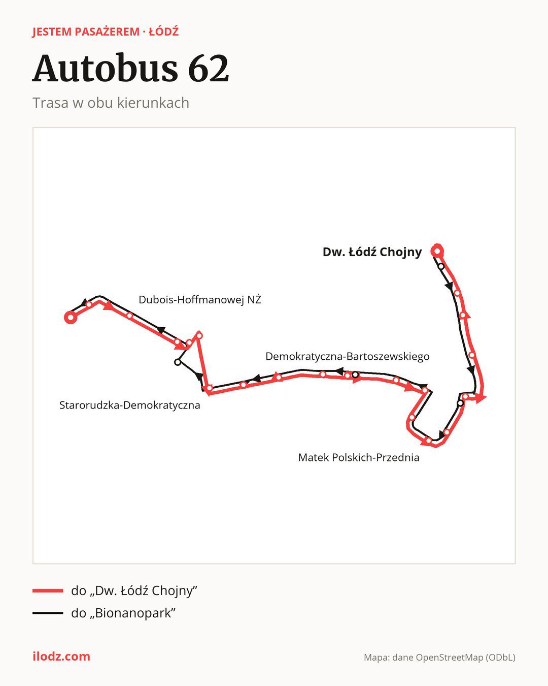 Autobus 62 w Łodzi na mapie: trasa w obu kierunkach