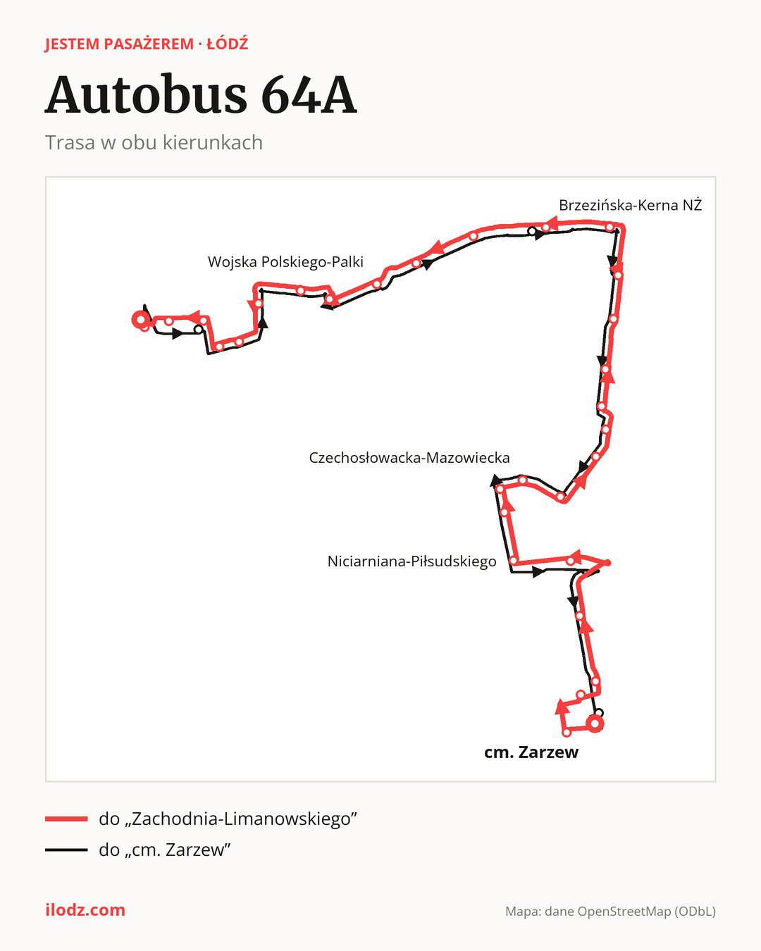 Autobus 64A w Łodzi na mapie: trasa w obu kierunkach