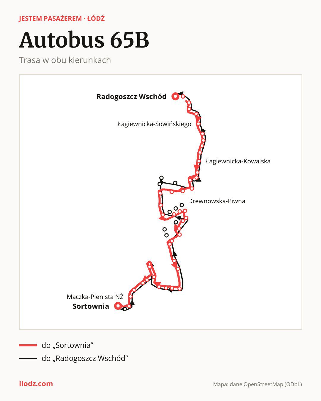Autobus 65B w Łodzi na mapie: trasa w obu kierunkach