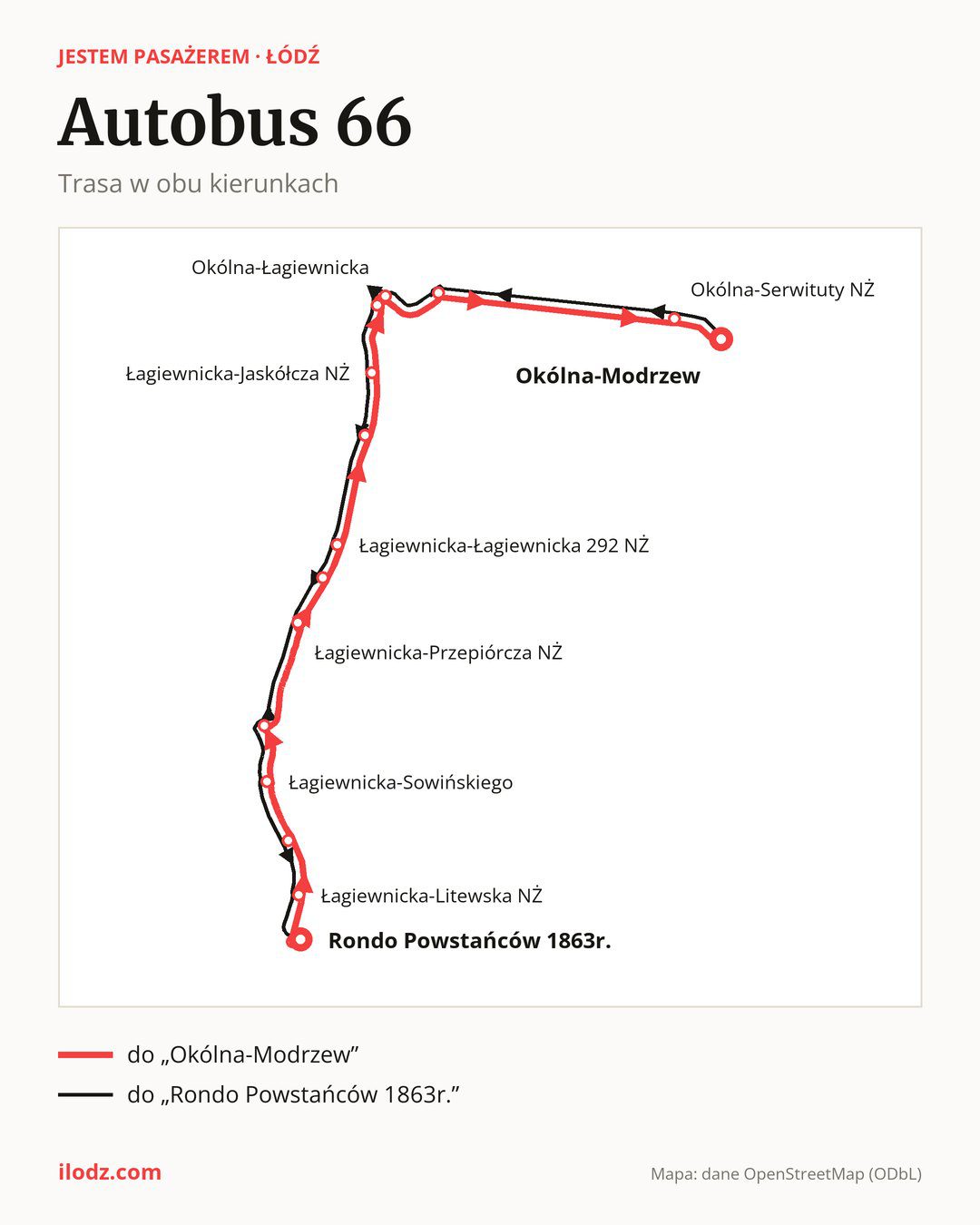 Autobus 66 w Łodzi na mapie: trasa w obu kierunkach
