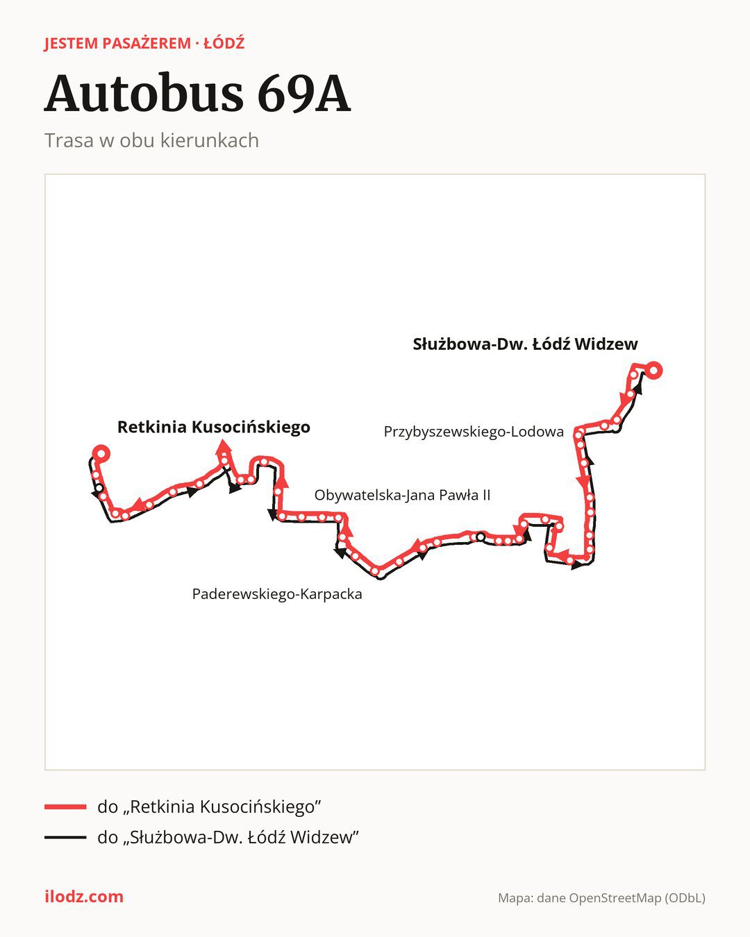 Autobus 69A w Łodzi na mapie: trasa w obu kierunkach