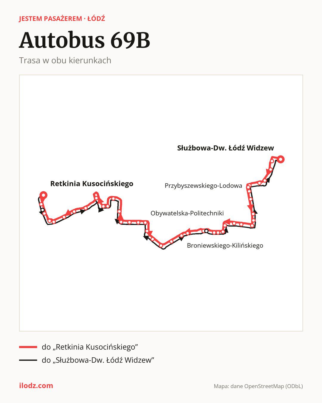 Autobus 69B w Łodzi na mapie: trasa w obu kierunkach