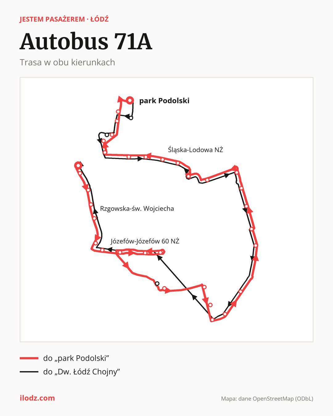 Autobus 71A w Łodzi na mapie: trasa w obu kierunkach