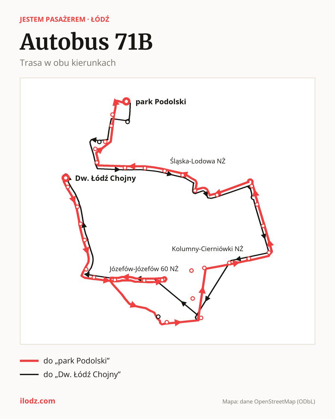 Autobus 71B w Łodzi na mapie: trasa w obu kierunkach