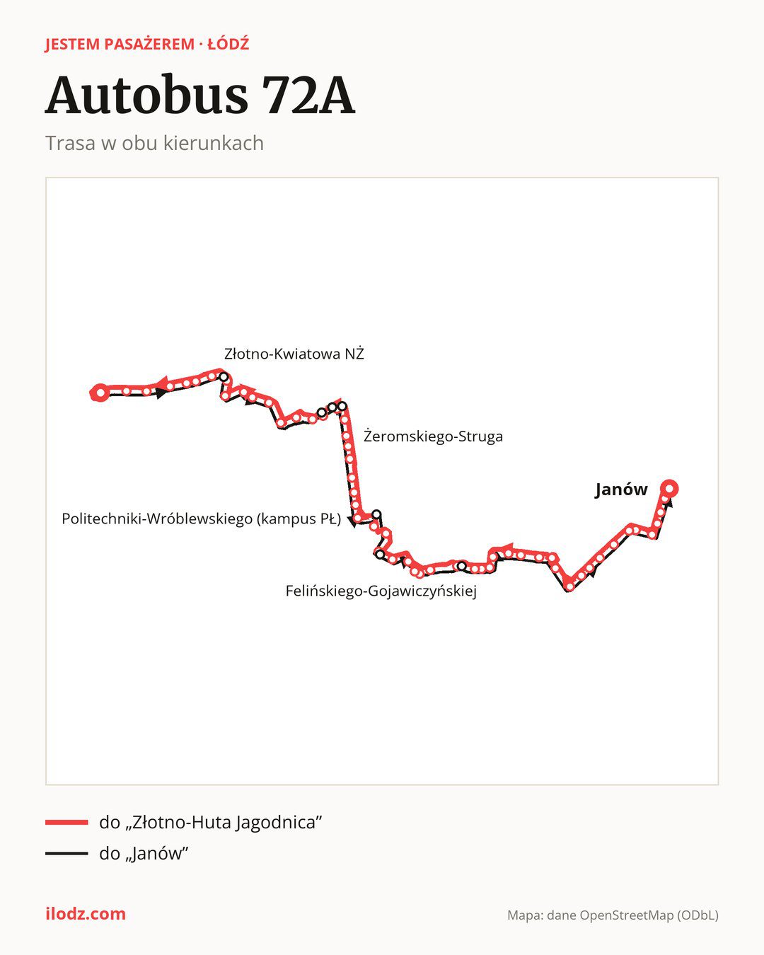 Autobus 72A w Łodzi na mapie: trasa w obu kierunkach