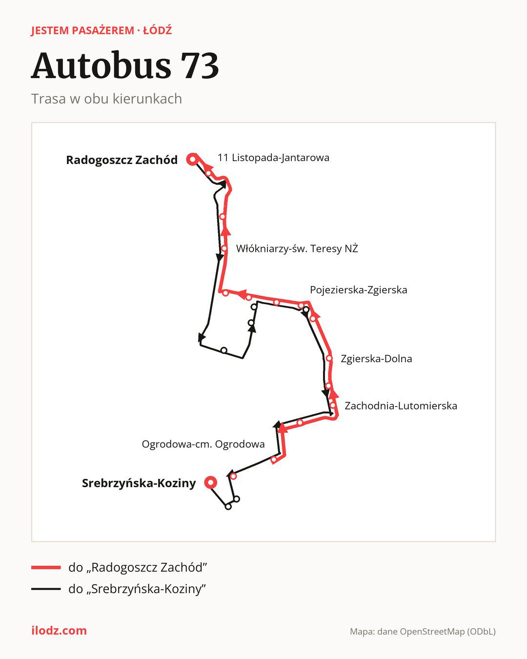 Autobus 73 w Łodzi na mapie: trasa w obu kierunkach