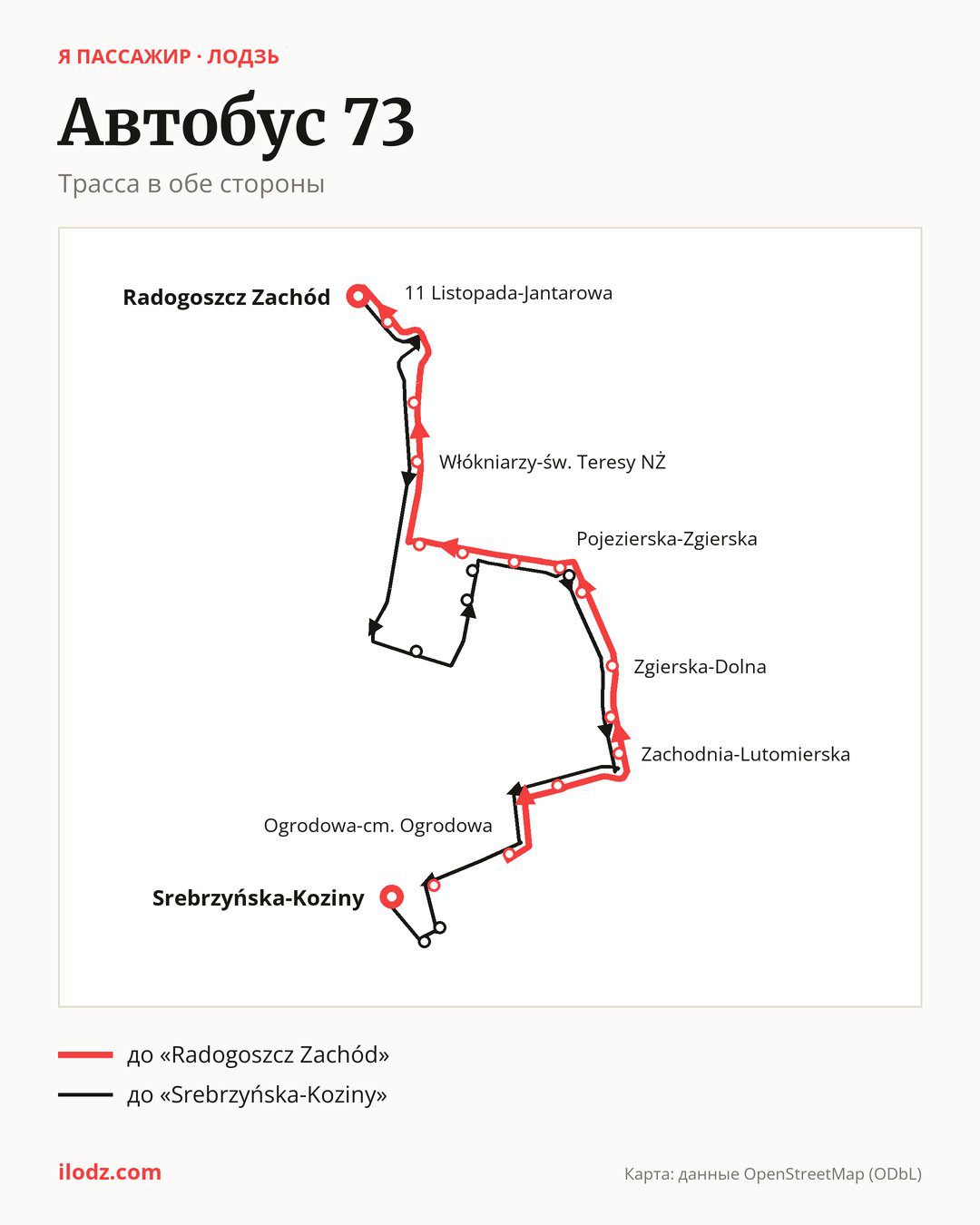Автобус 73 в Лодзи на карте: трасса в обе стороны