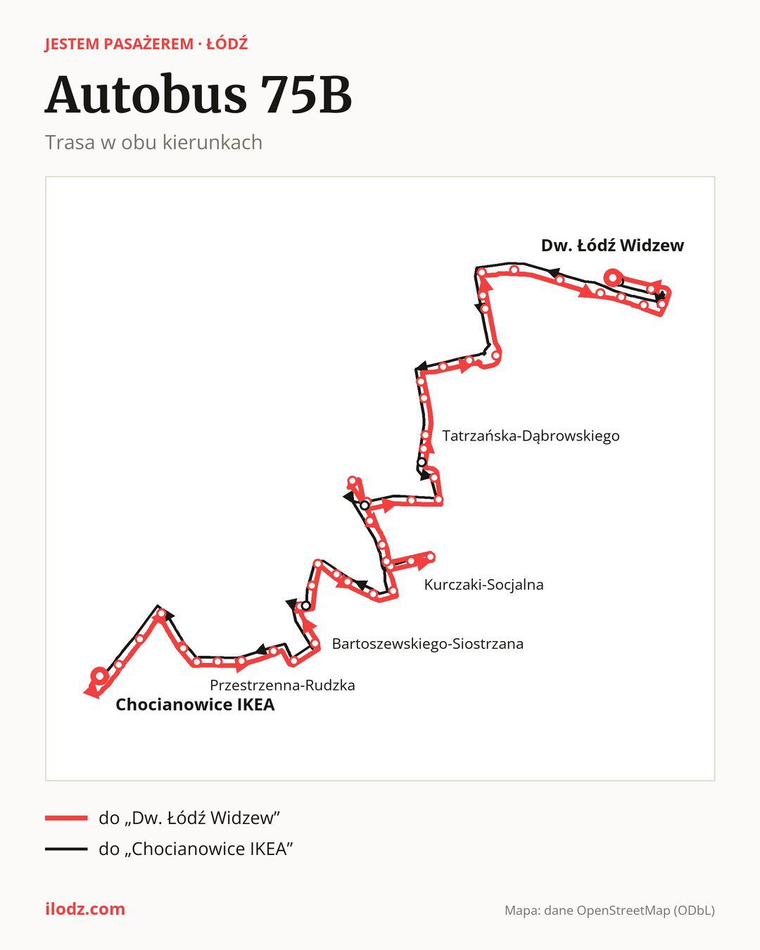 Autobus 75B w Łodzi na mapie: trasa w obu kierunkach