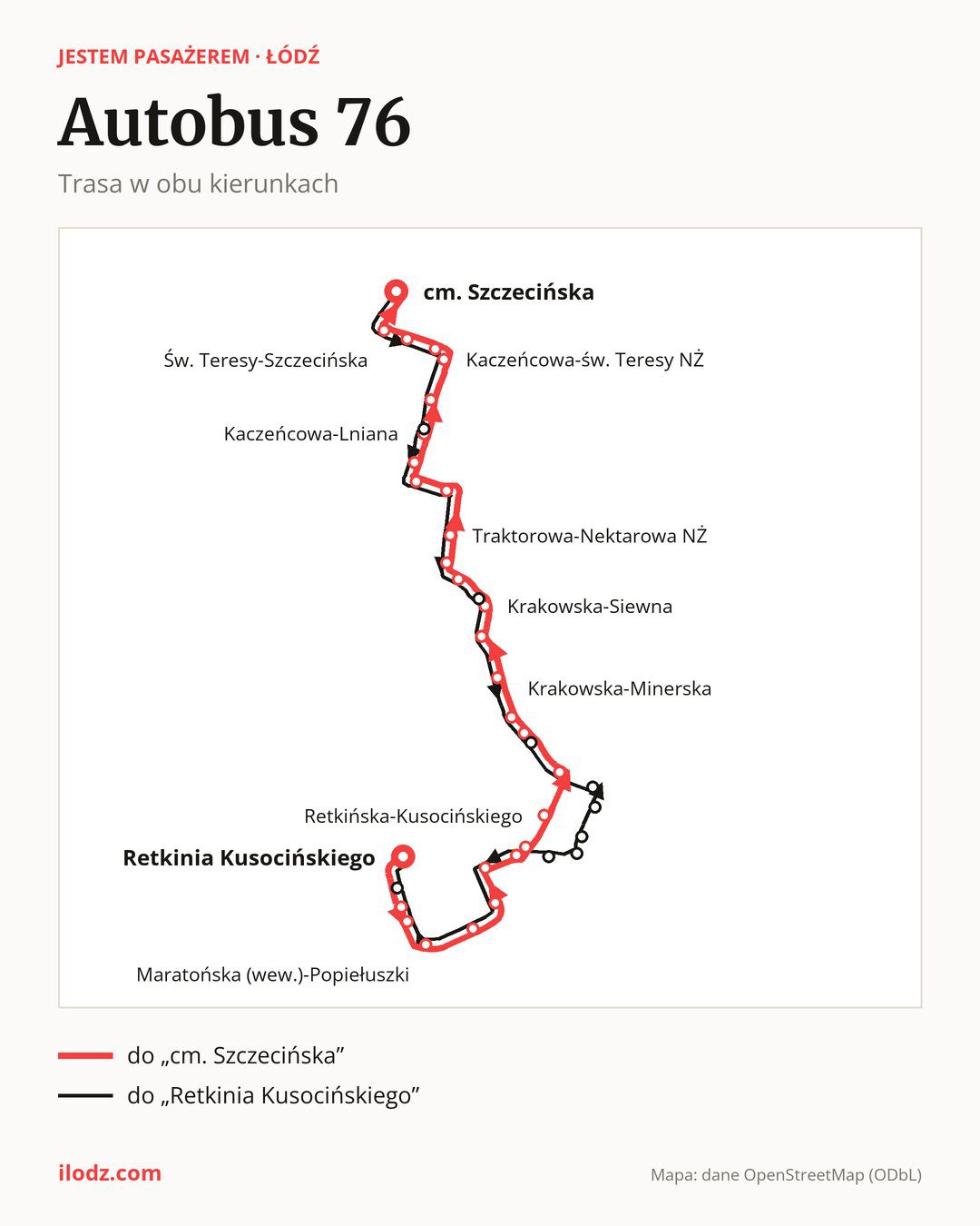 Autobus 76 w Łodzi na mapie: trasa w obu kierunkach