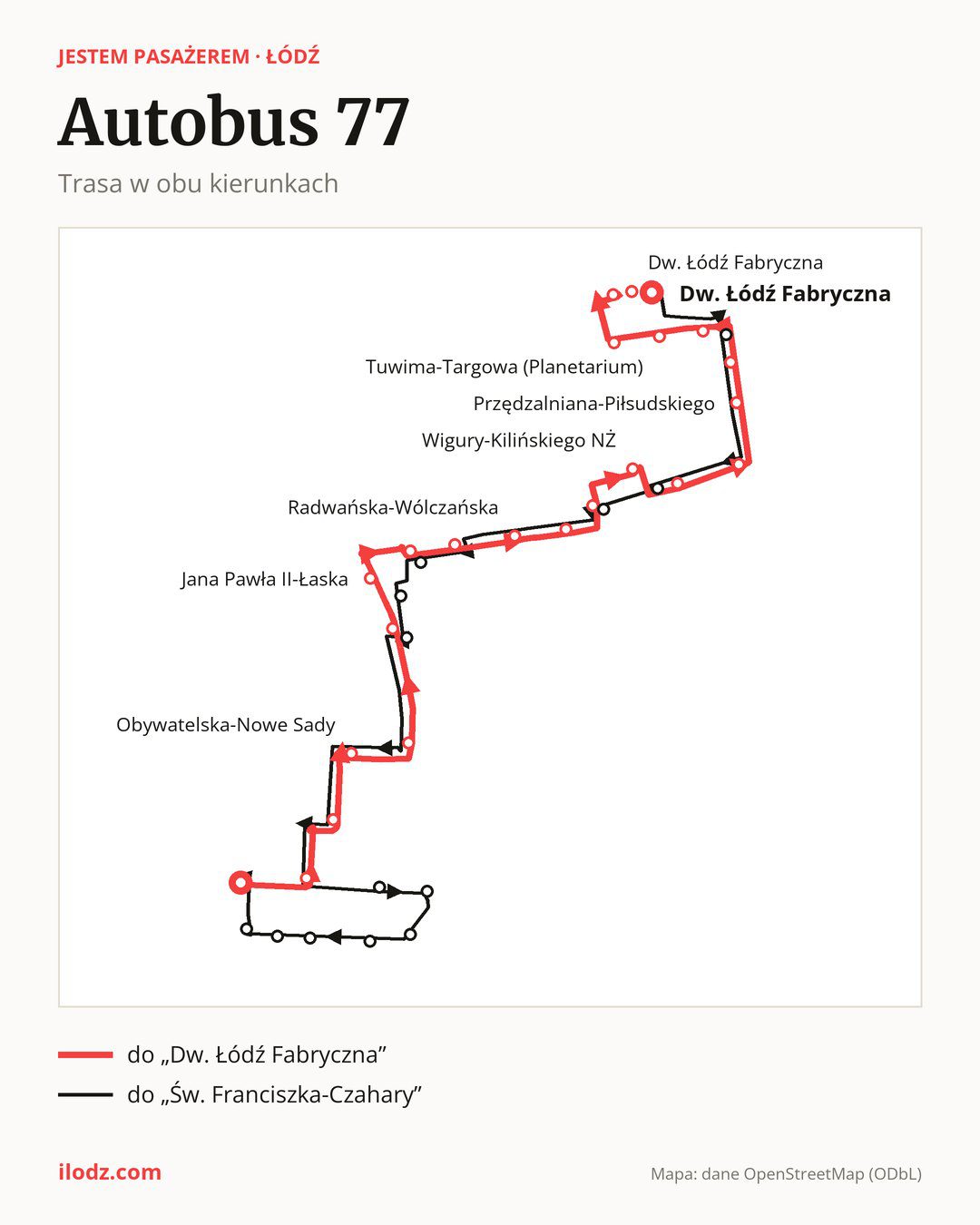 Autobus 77 w Łodzi na mapie: trasa w obu kierunkach