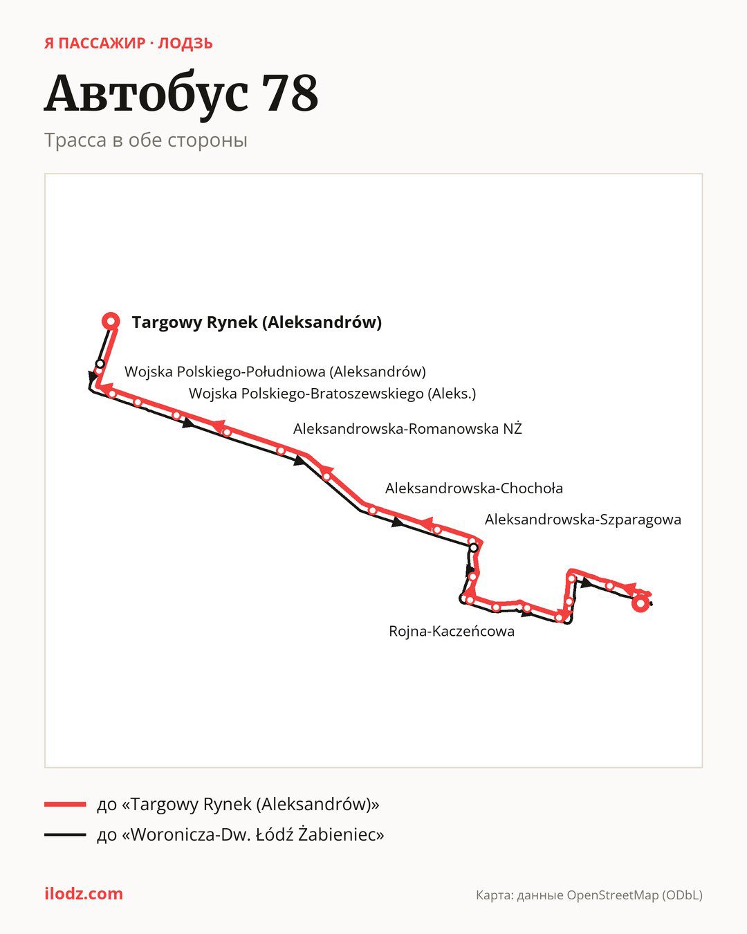 Автобус 78 в Лодзи на карте: трасса в обе стороны