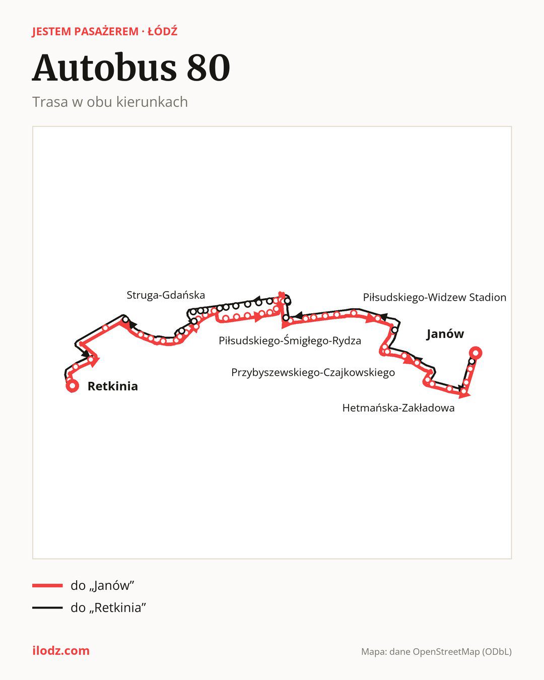 Autobus 80 w Łodzi na mapie: trasa w obu kierunkach