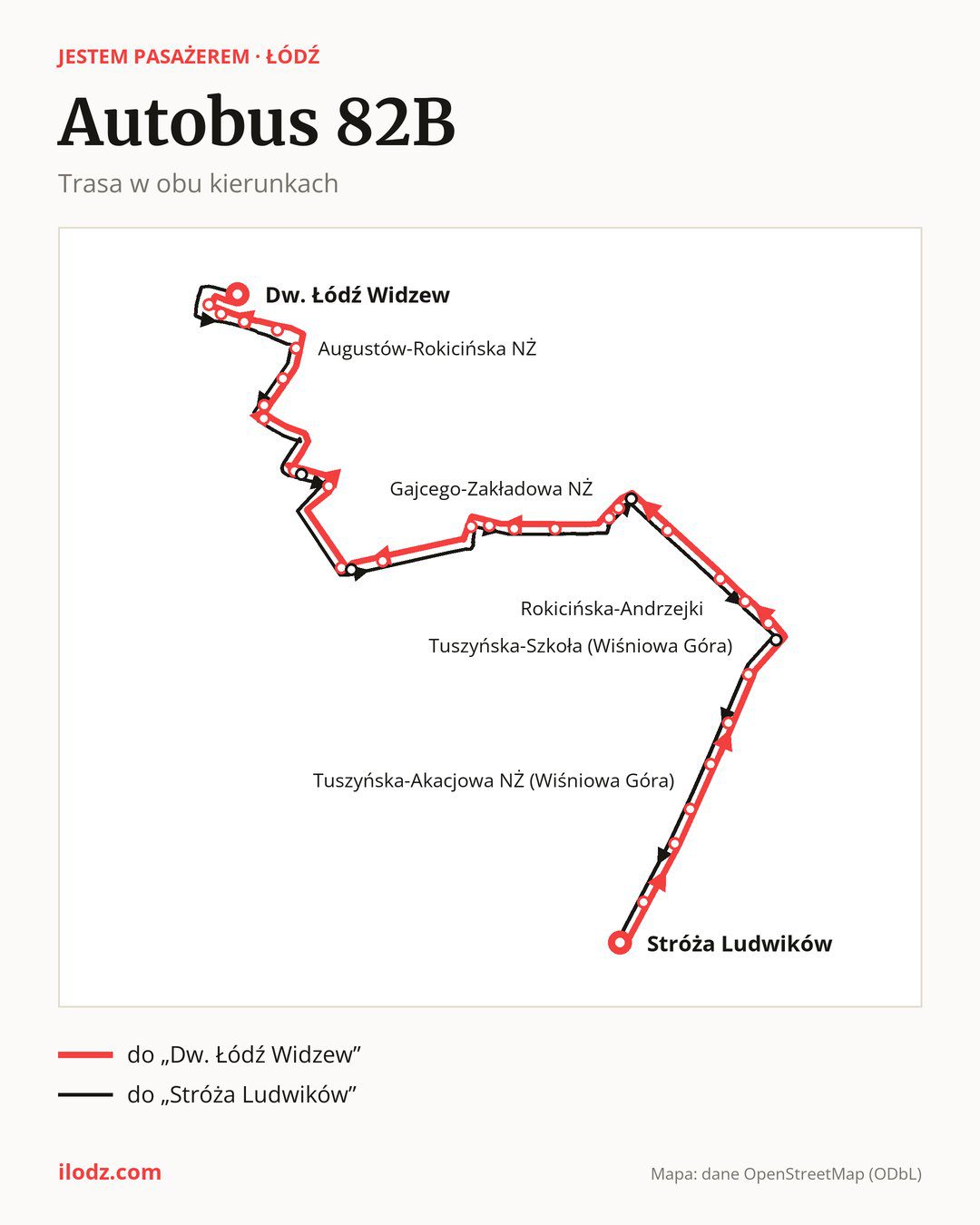 Autobus 82B w Łodzi na mapie: trasa w obu kierunkach