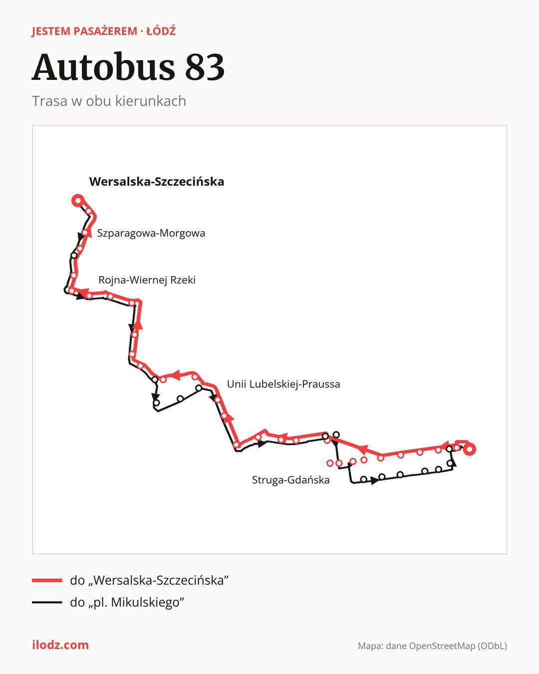 Autobus 83 w Łodzi na mapie: trasa w obu kierunkach