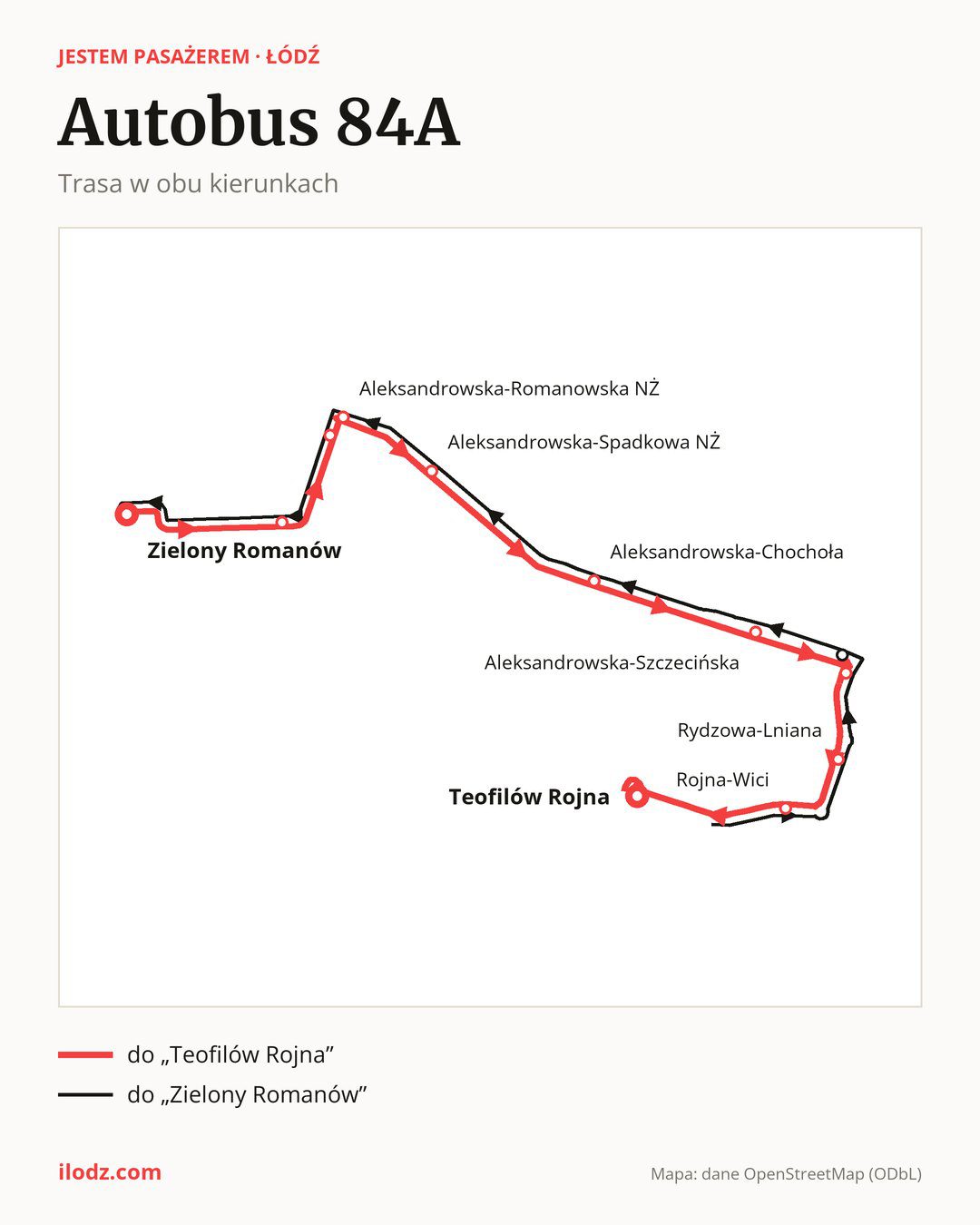 Autobus 84A w Łodzi na mapie: trasa w obu kierunkach