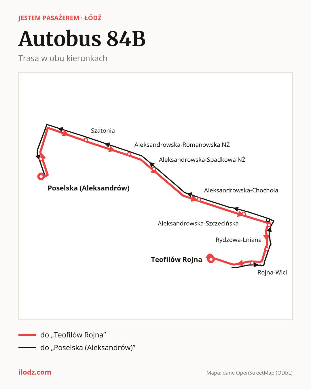 Autobus 84B w Łodzi na mapie: trasa w obu kierunkach