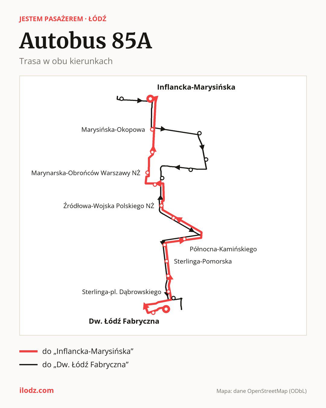 Autobus 85A w Łodzi na mapie: trasa w obu kierunkach