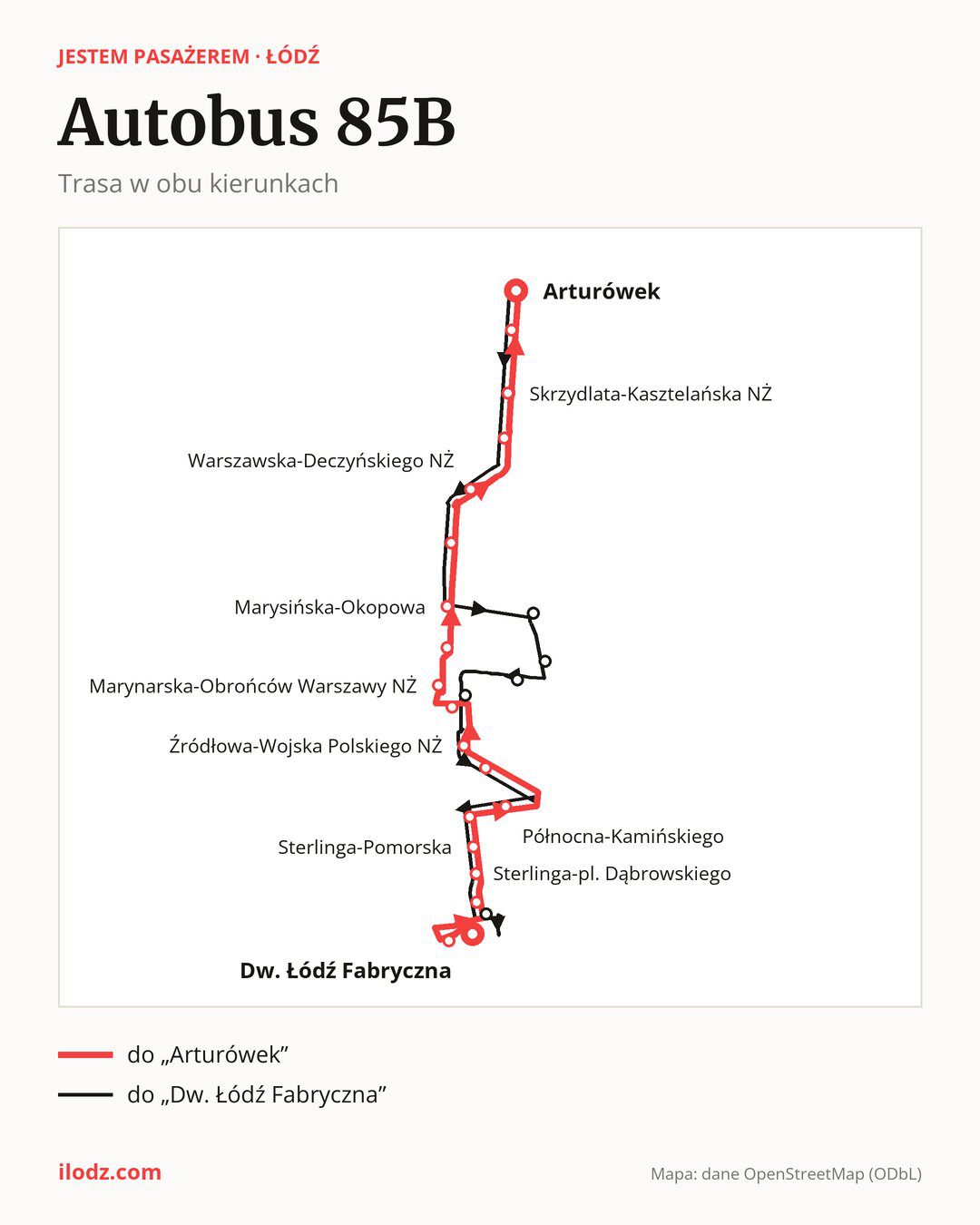 Autobus 85B w Łodzi na mapie: trasa w obu kierunkach