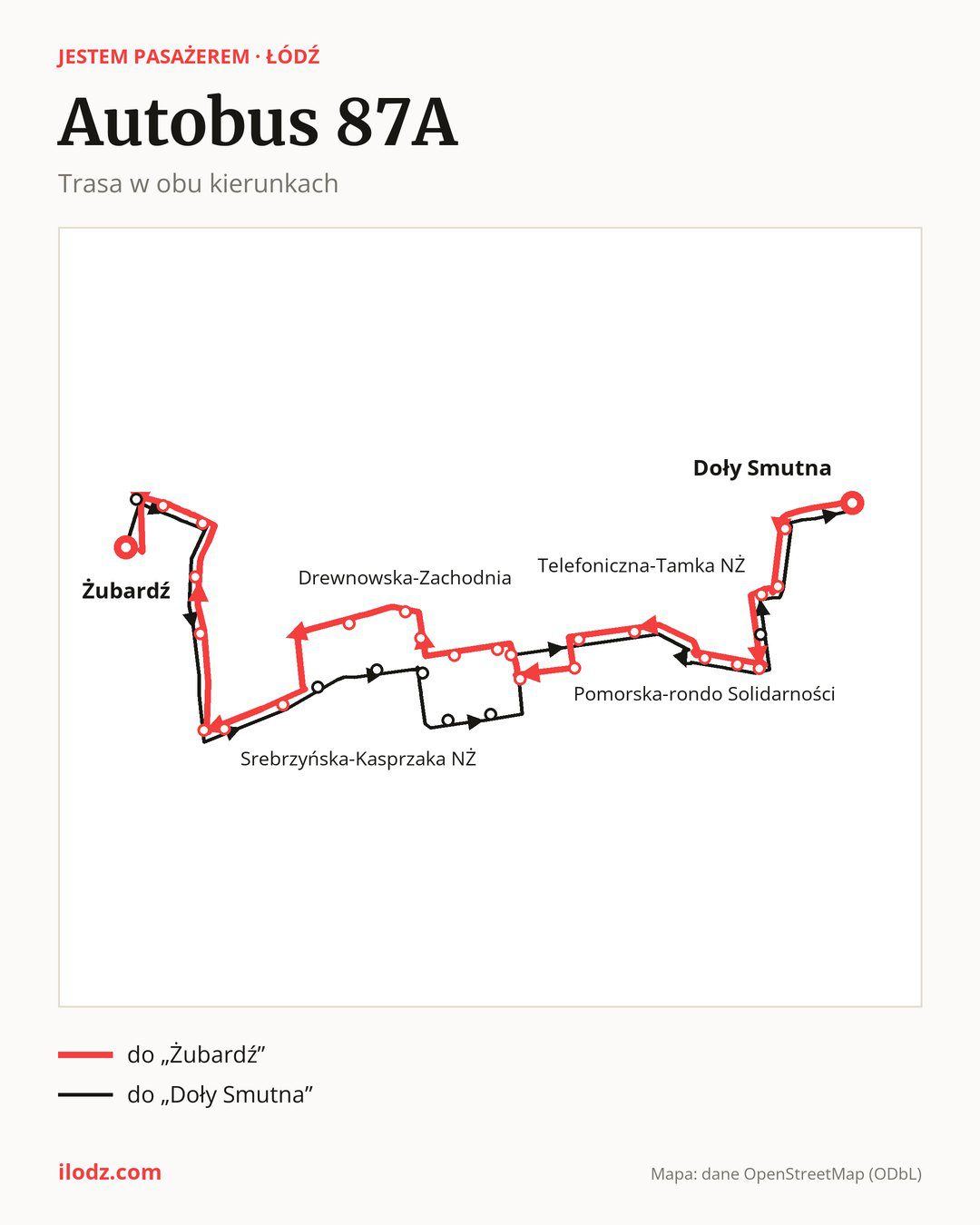 Autobus 87A w Łodzi na mapie: trasa w obu kierunkach