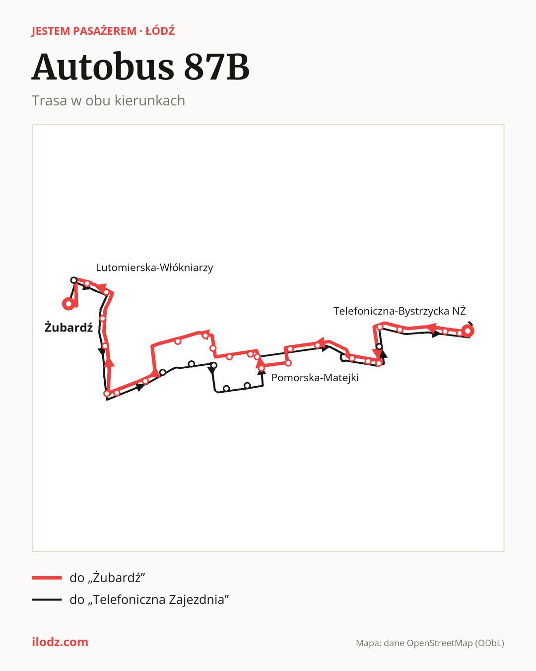 Autobus 87B w Łodzi na mapie: trasa w obu kierunkach