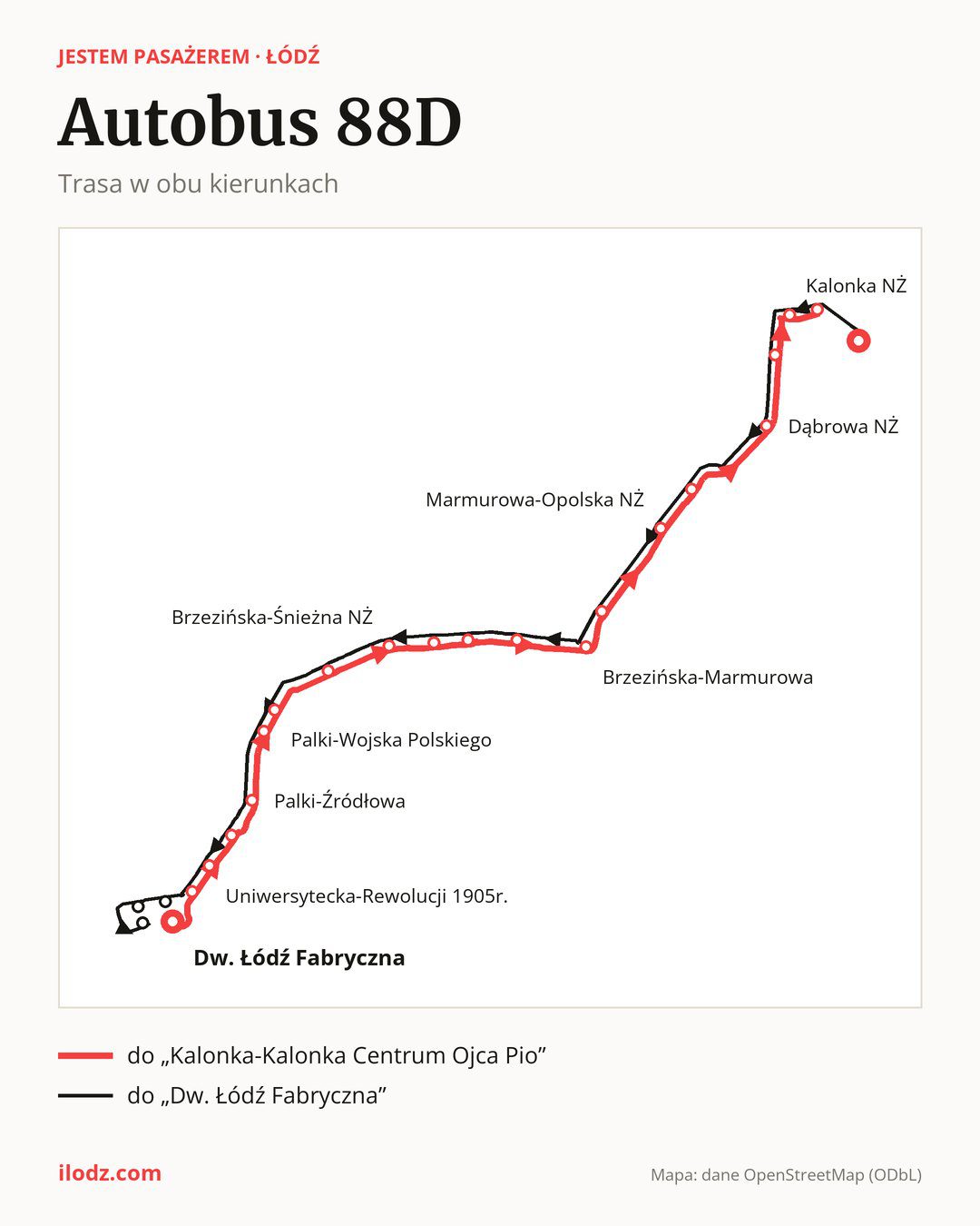 Autobus 88D w Łodzi na mapie: trasa w obu kierunkach