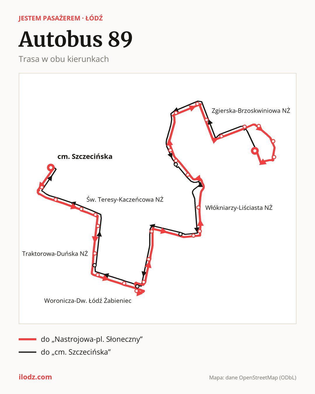Autobus 89 w Łodzi na mapie: trasa w obu kierunkach