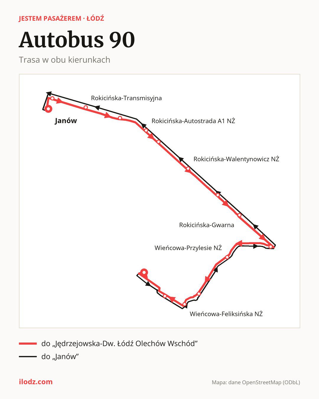 Autobus 90 w Łodzi na mapie: trasa w obu kierunkach