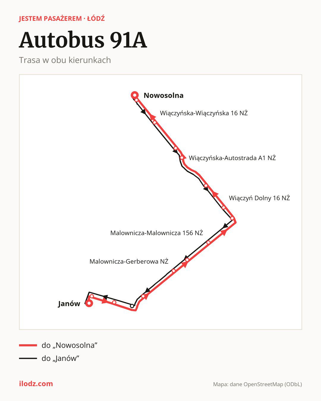 Autobus 91A w Łodzi na mapie: trasa w obu kierunkach