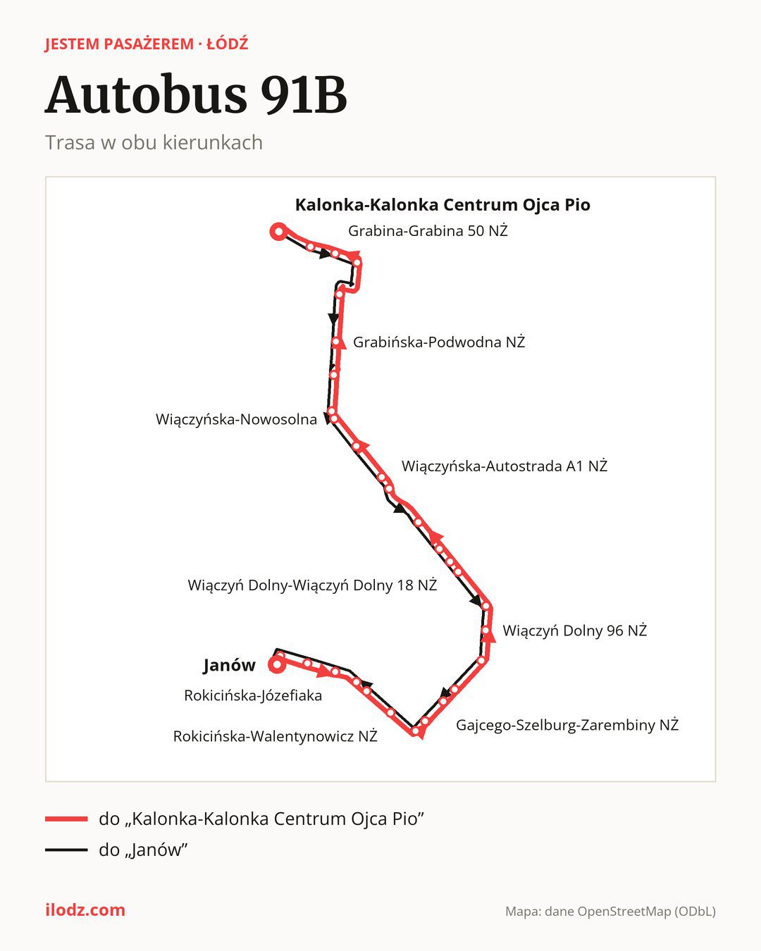Autobus 91B w Łodzi na mapie: trasa w obu kierunkach