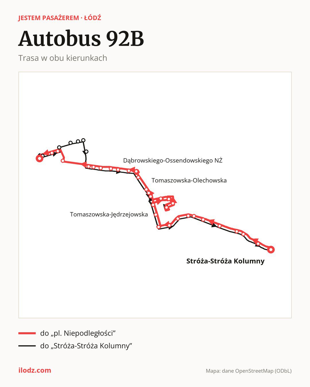 Autobus 92B w Łodzi na mapie: trasa w obu kierunkach