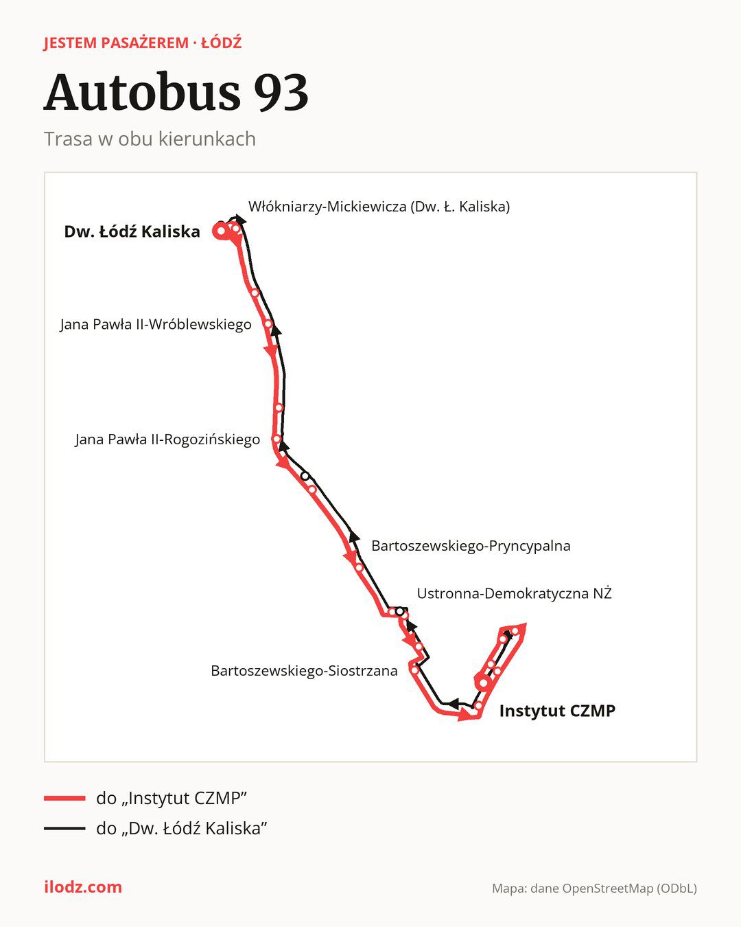 Autobus 93 w Łodzi na mapie: trasa w obu kierunkach