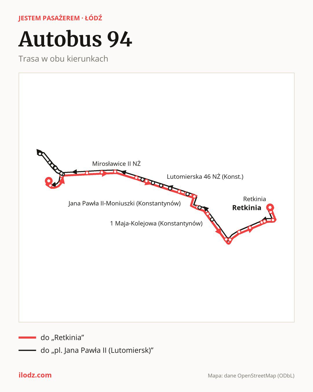 Autobus 94 w Łodzi na mapie: trasa w obu kierunkach
