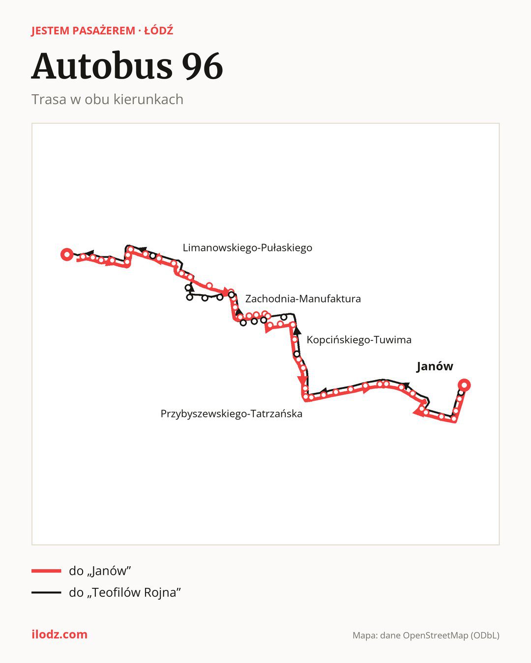 Autobus 96 w Łodzi na mapie: trasa w obu kierunkach