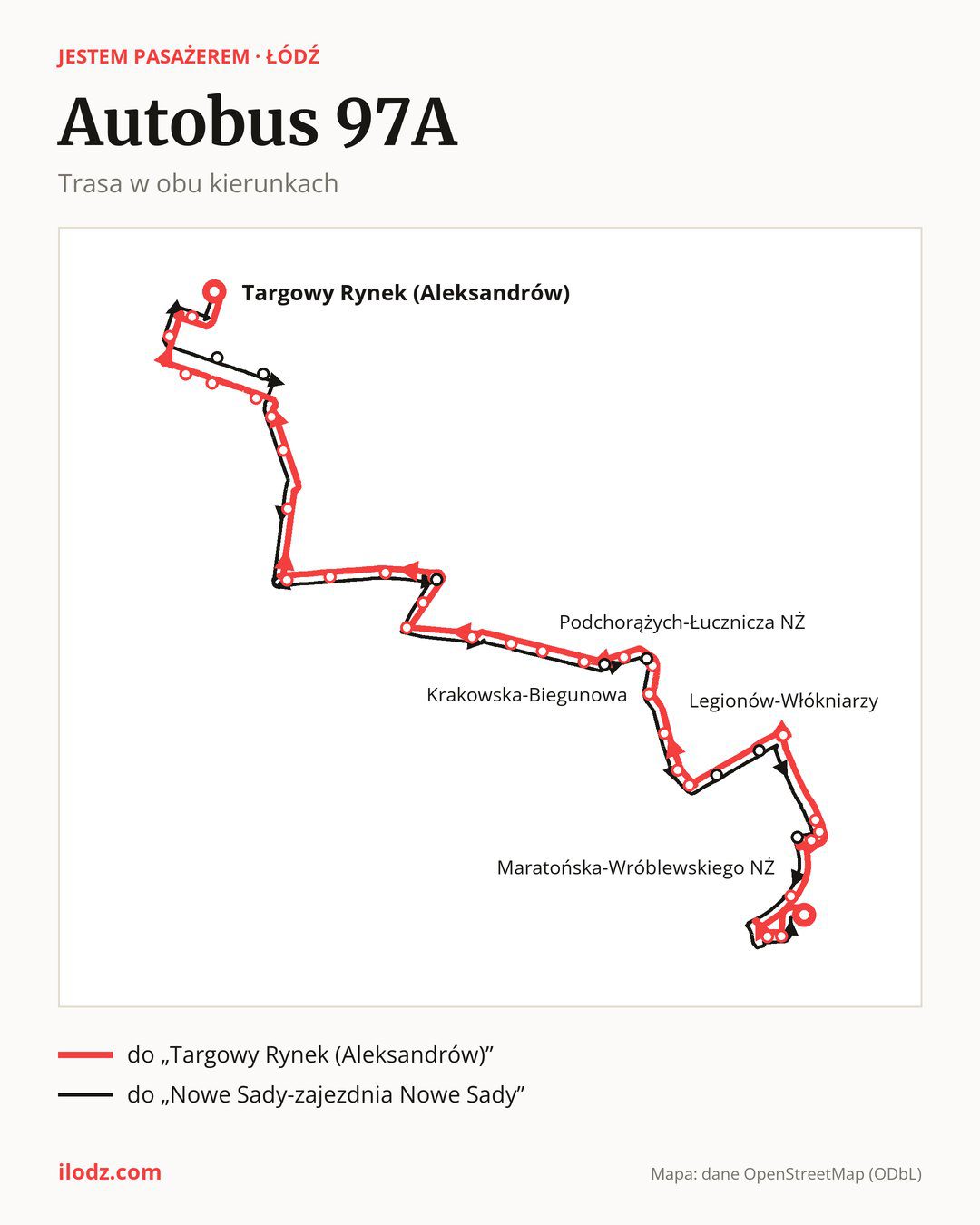 Autobus 97A w Łodzi na mapie: trasa w obu kierunkach
