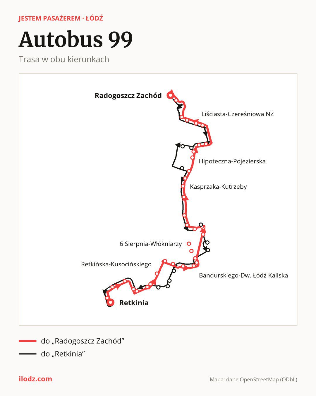 Autobus 99 w Łodzi na mapie: trasa w obu kierunkach